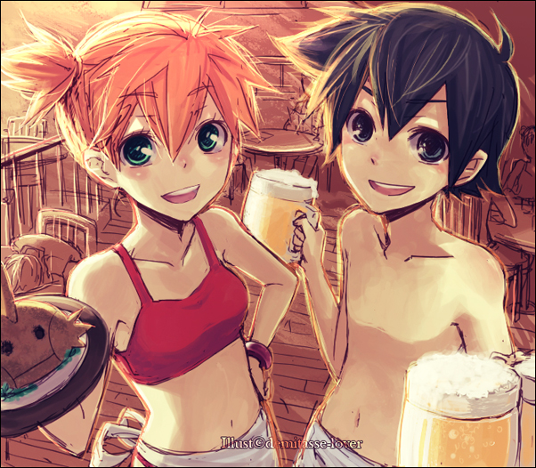 ash ketchum, misty, and mudkip (pokemon) drawn by demitasse-lover