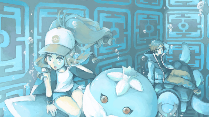 hilda, hilbert, jellicent, and carracosta (pokemon and 1 more) drawn by mayuuuuu