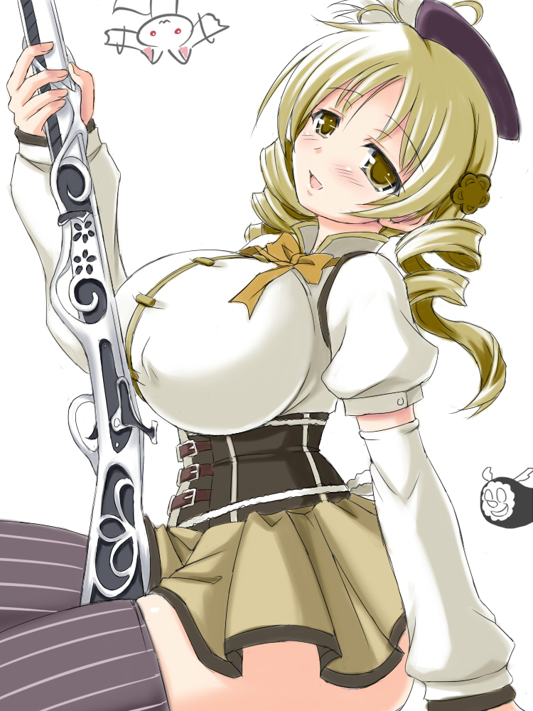 tomoe mami, kyubey, and charlotte (mahou shoujo madoka magica) drawn by tsukioka_kirio