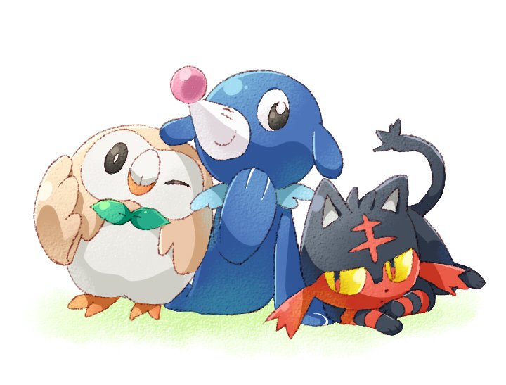 rowlet, popplio, and litten (pokemon) drawn by namori
