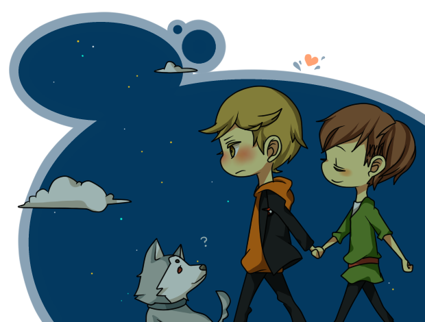 shiomi kotone, amada ken, and koromaru (persona and 2 more) drawn by yahata_hato