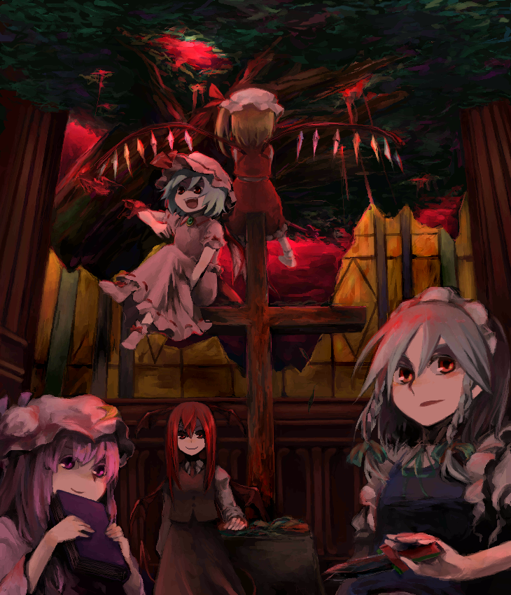remilia scarlet, flandre scarlet, izayoi sakuya, patchouli knowledge, and koakuma (touhou) drawn by takishima_asaka