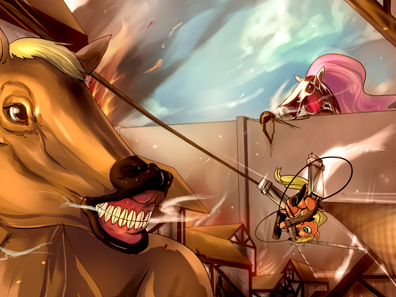 titan, applejack, and colossal titan (shingeki no kyojin and 2 more) drawn by ryan_stephens