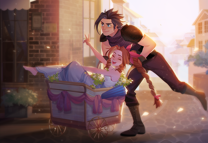 aerith gainsborough and zack fair (final fantasy and 2 more) drawn by ginmu
