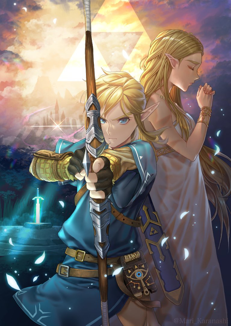 link and princess zelda (the legend of zelda and 1 more) drawn by karanashi_mari
