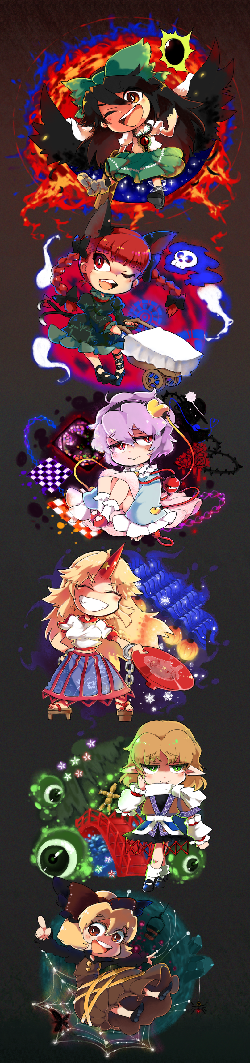 komeiji koishi, komeiji satori, kaenbyou rin, reiuji utsuho, mizuhashi parsee, and 2 more (touhou and 1 more) drawn by iroyopon