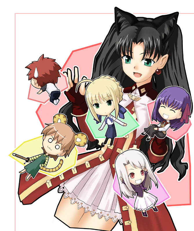 artoria pendragon, saber, tohsaka rin, illyasviel von einzbern, emiya shirou, and 3 more (fate and 1 more) drawn by date_(senpen)