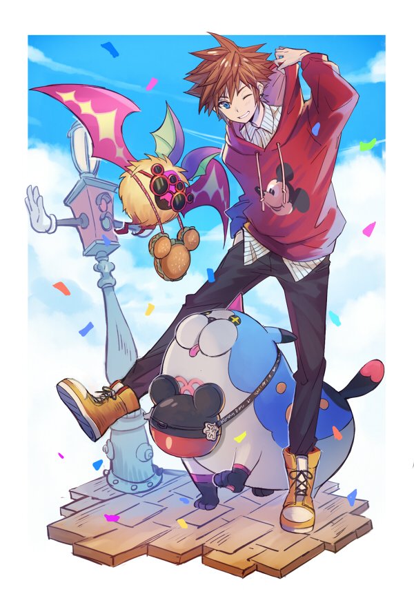 sora, mickey mouse, wondernyan, and koumori bat (kingdom hearts and 3 more) drawn by yurichi_(artist)