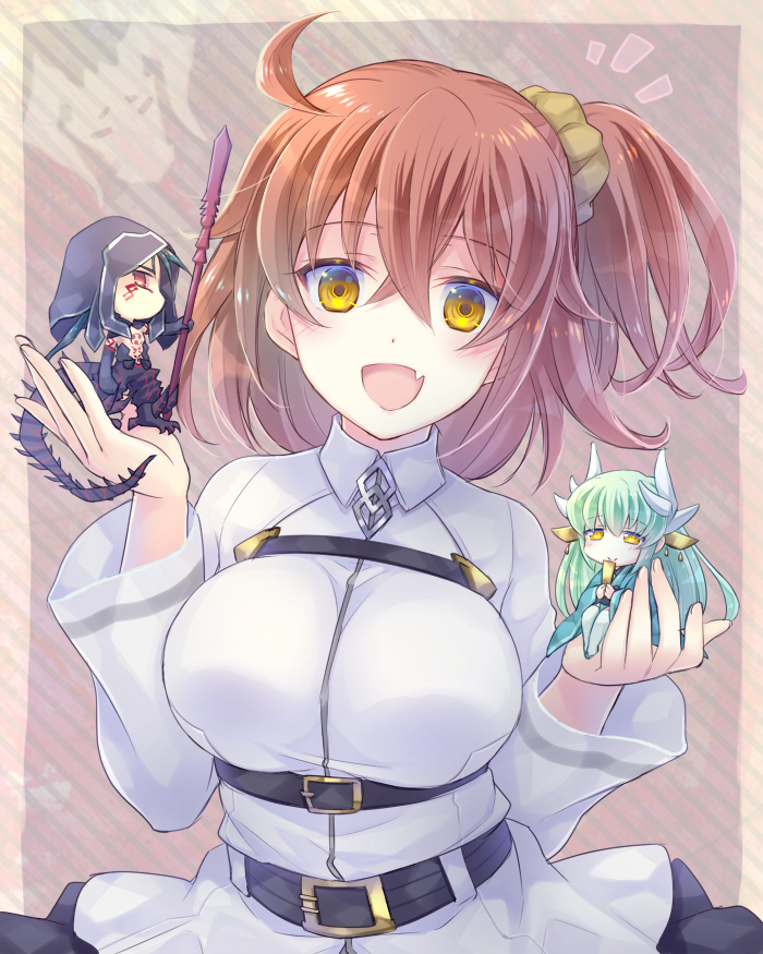 fujimaru ritsuka, cu chulainn, kiyohime, and mini cu-chan (fate and 1 more) drawn by soukuu_kizuna