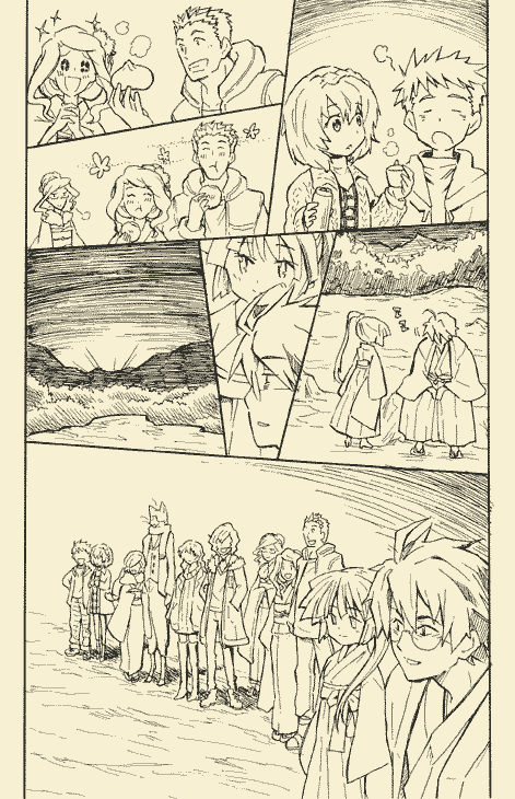akatsuki, shiroe, isuzu, nyanta, minori, and 6 more (log horizon) drawn by yukihiko_(hikosan)