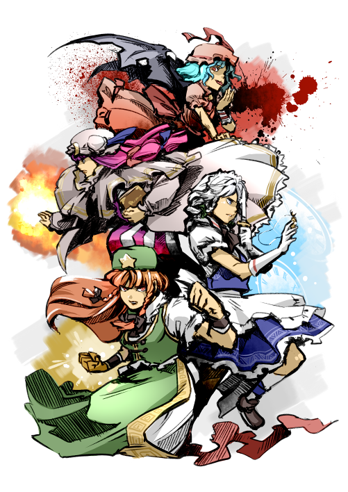 remilia scarlet, izayoi sakuya, patchouli knowledge, and hong meiling (touhou) drawn by hounori