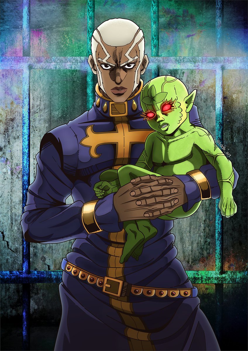 enrico pucci and green baby (jojo no kimyou na bouken and 1 more) drawn by the_dashing_doctor_k