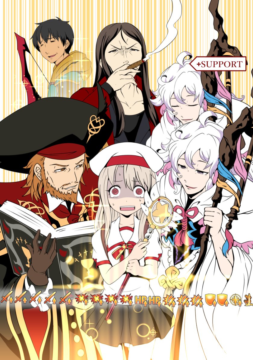 illyasviel von einzbern, waver velvet, merlin, magical ruby, lord el-melloi ii, and 2 more (fate and 1 more) drawn by kamizono_(spookyhouse)