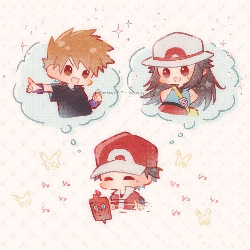 pikachu, red, rotom, blue oak, leaf, and 1 more (pokemon and 1 more) drawn by maccha_pamocute
