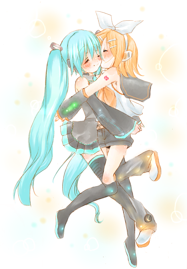 hatsune miku and kagamine rin (vocaloid) drawn by amamori_mitsu_(milk_face)