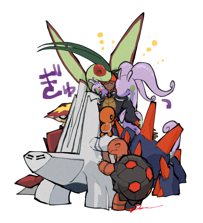 raihan, flygon, goomy, goodra, torkoal, and 3 more (pokemon and 1 more) drawn by sagemaru-br