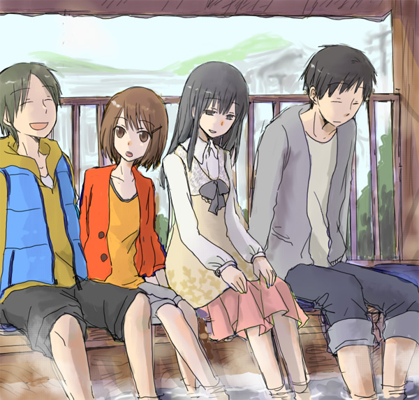 chitanda eru, oreki houtarou, ibara mayaka, and fukube satoshi (hyouka) drawn by kasa_(icec)