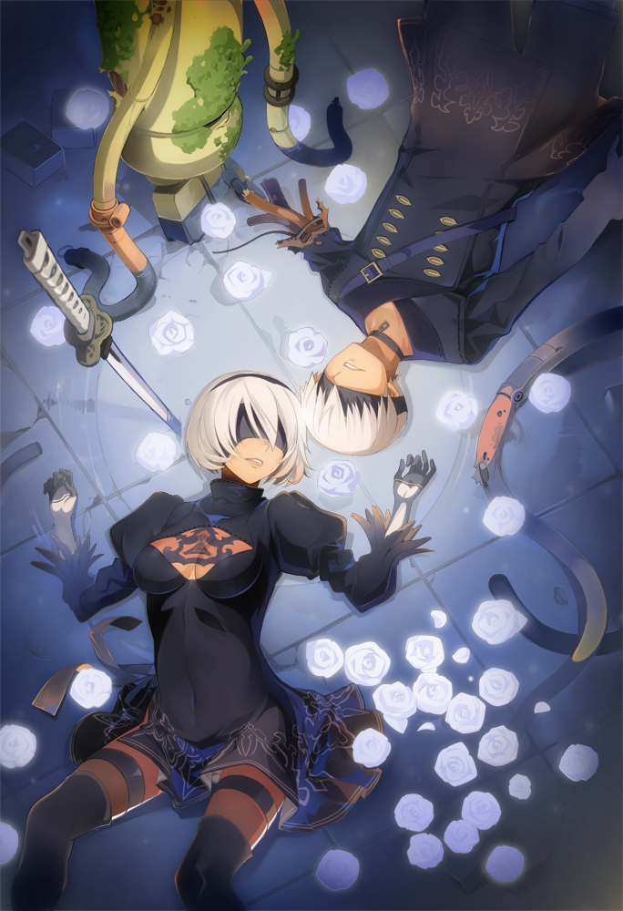 2b and 9s (nier and 1 more) drawn by miyo_(13th_floor)