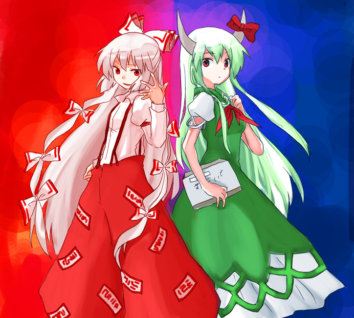 fujiwara no mokou, kamishirasawa keine, and ex-keine (touhou) drawn by miya_(tsumazukanai)