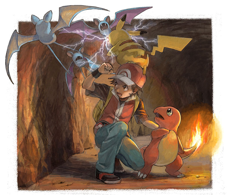 pikachu, red, charmander, and zubat (pokemon and 1 more) drawn by konatsu_(tomatica)