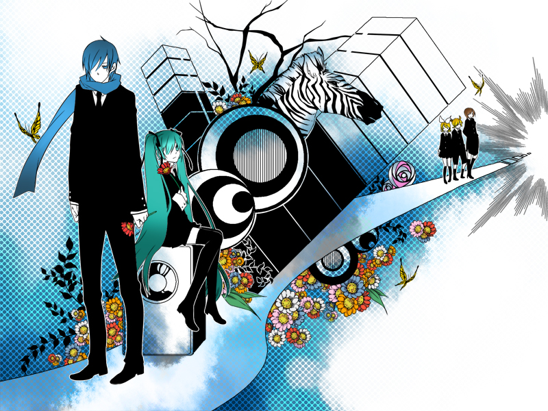 hatsune miku, kagamine rin, kagamine len, kaito, and meiko (vocaloid and 1 more) drawn by takatori_akira