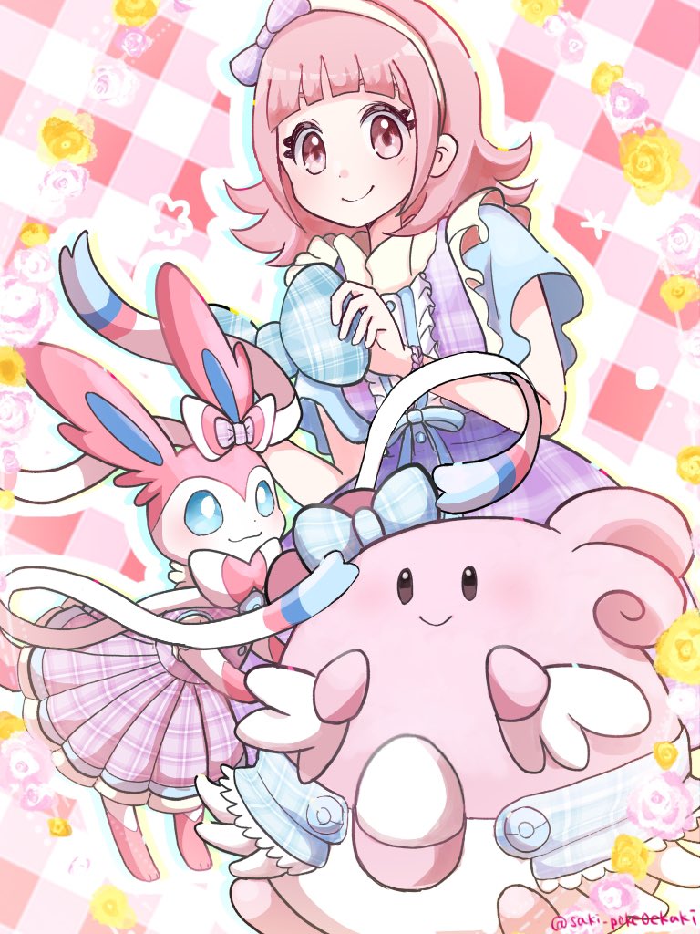 sylveon and blissey (pokemon and 1 more) drawn by saki_pokeoekaki