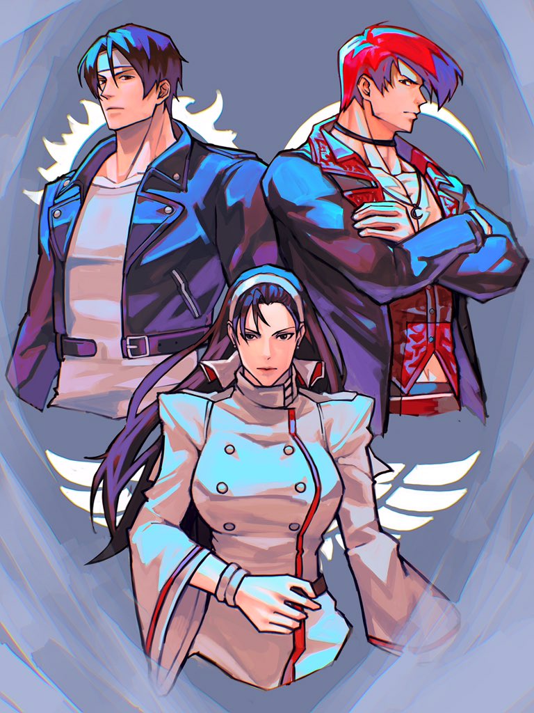 yagami iori, kusanagi kyou, and kagura chizuru (the king of fighters and 1 more) drawn by syachiiro