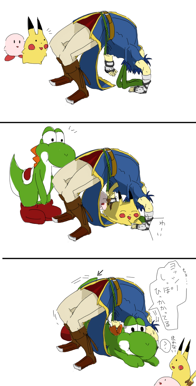 pikachu, kirby, ike, and yoshi (pokemon and 5 more) drawn by ramuneumai