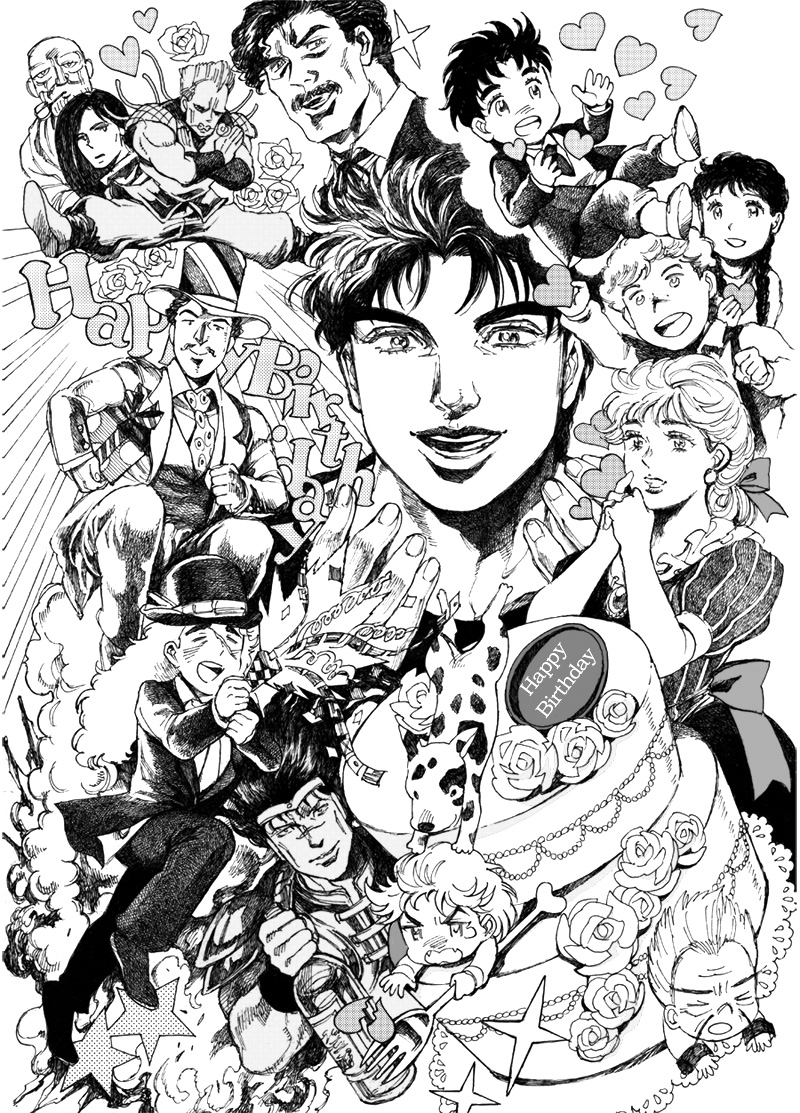 dio brando, jonathan joestar, erina pendleton, robert e. o. speedwagon, will anthonio zeppeli, and 9 more (jojo no kimyou na bouken and 1 more) drawn by bud_(korovsme)