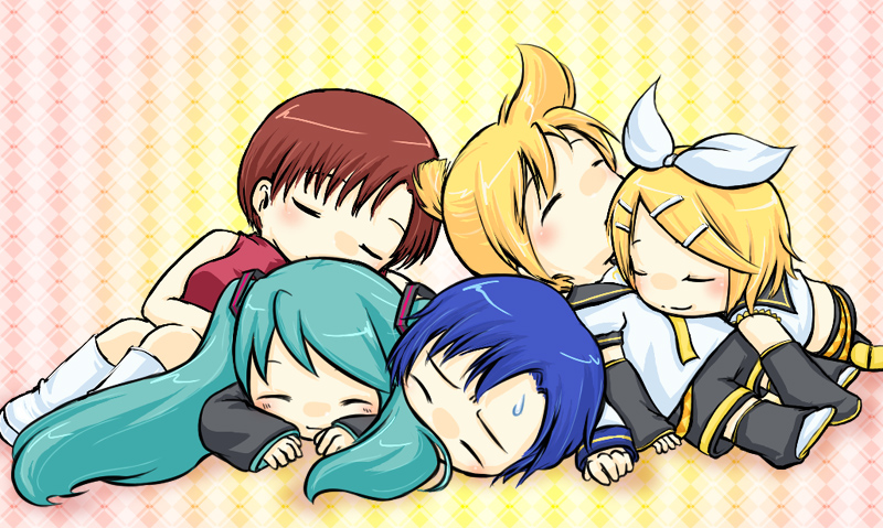 hatsune miku, kagamine rin, kagamine len, kaito, and meiko (vocaloid) drawn by momiji_rou