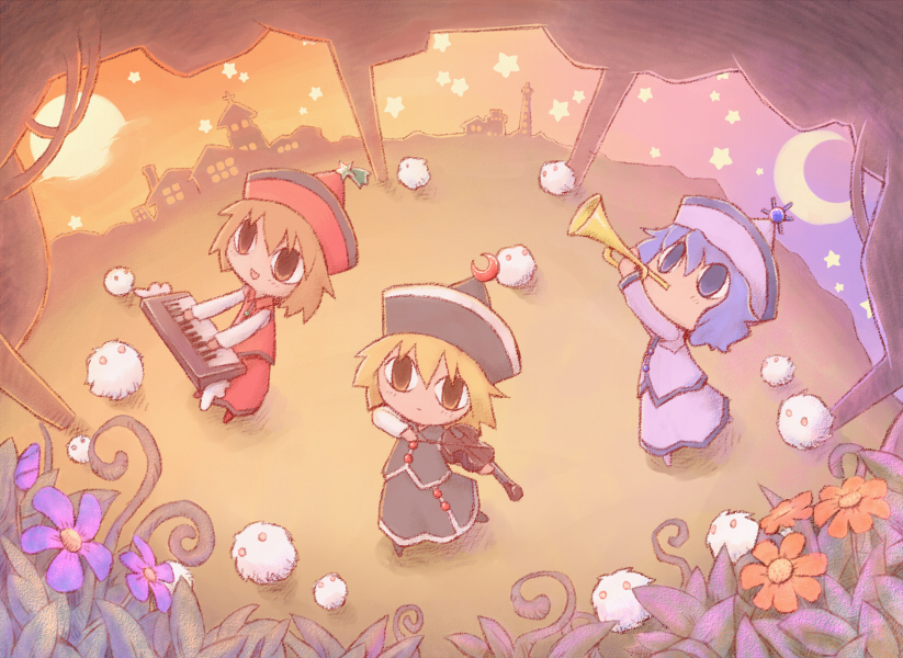 lunasa prismriver, lyrica prismriver, merlin prismriver, and kedama (touhou) drawn by nekoguruma