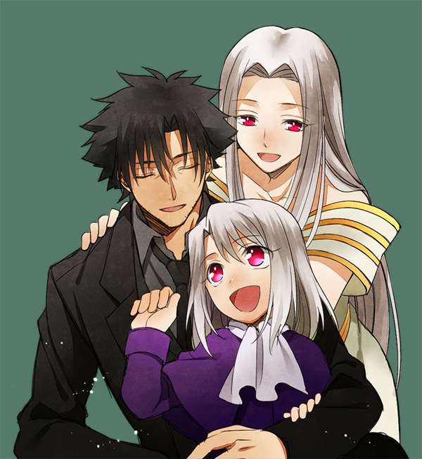 illyasviel von einzbern, emiya kiritsugu, and irisviel von einzbern (fate and 1 more) drawn by kazu_sanbon