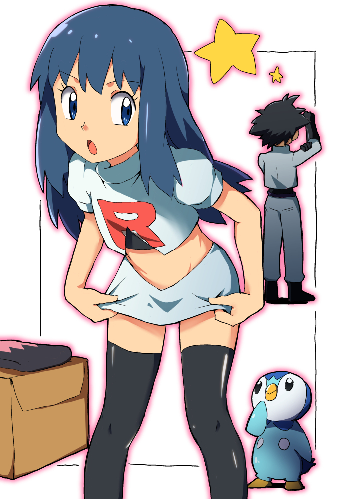 dawn, ash ketchum, piplup, and jessie (pokemon and 1 more) drawn by natsunagi_takaki
