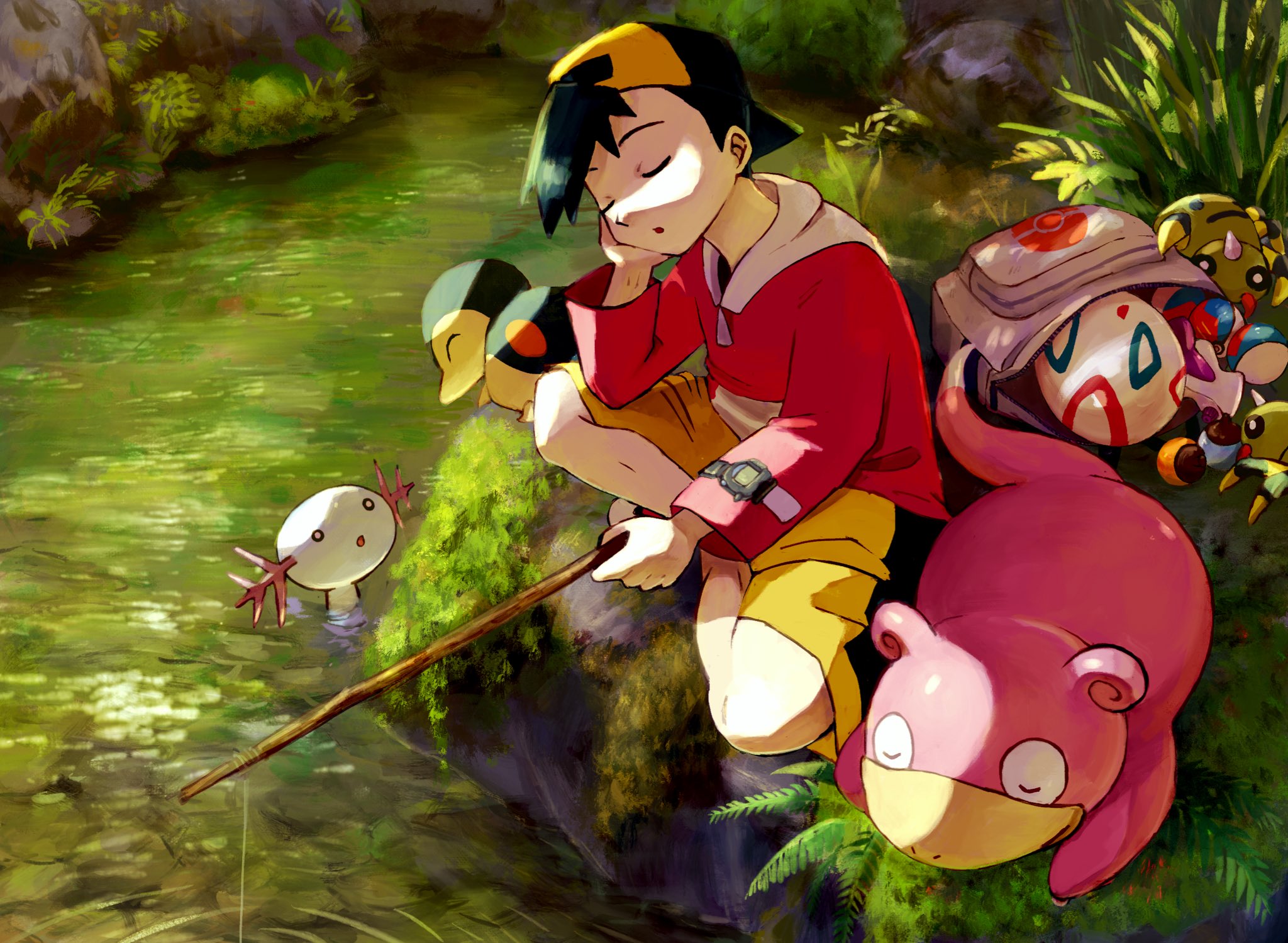 ethan, cyndaquil, wooper, slowpoke, and spinarak (pokemon and 1