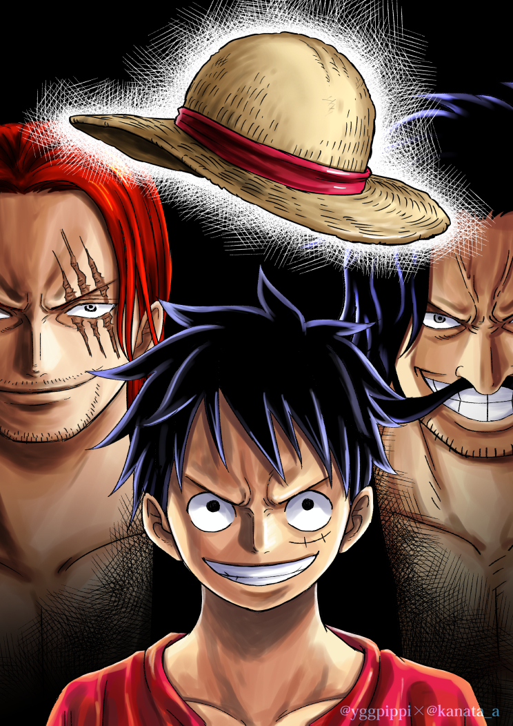 monkey d. luffy, shanks, and gol d. roger (one piece) drawn by kanata_a
