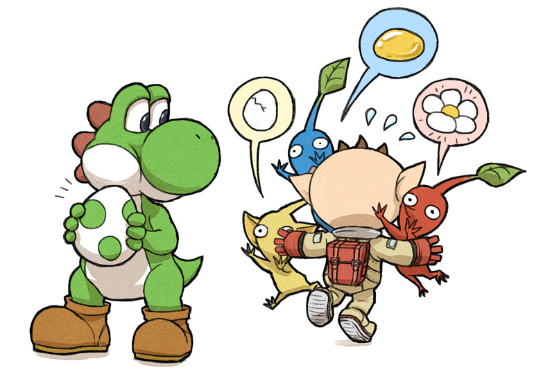 red pikmin, olimar, yellow pikmin, blue pikmin, and yoshi (mario and 2 more) drawn by naru_(wish_field)