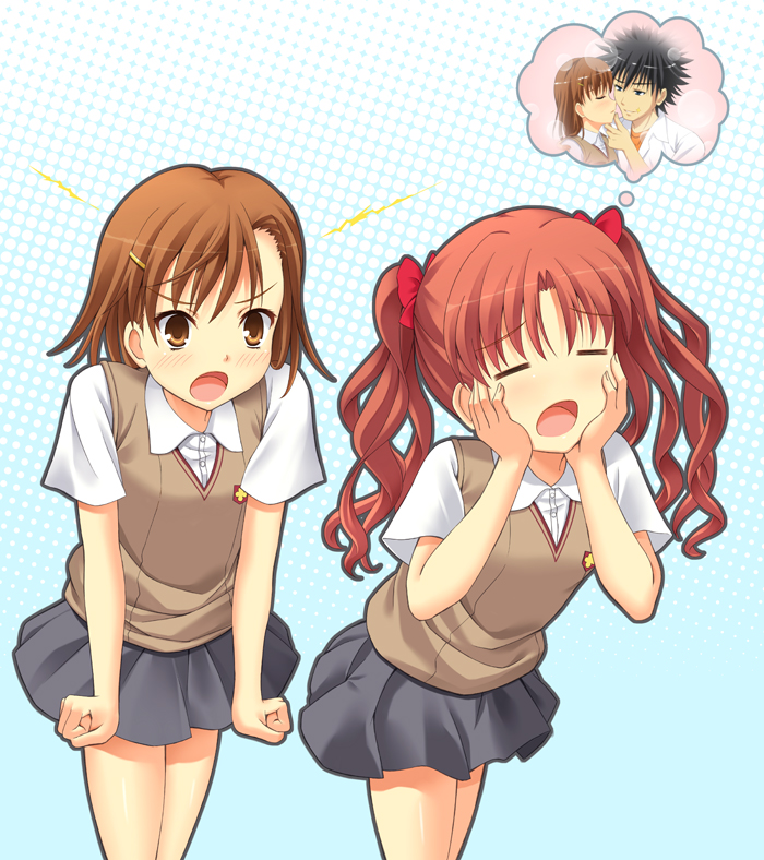 misaka mikoto, shirai kuroko, and kamijou touma (toaru majutsu no index and 1 more) drawn by uehara_yukihiko
