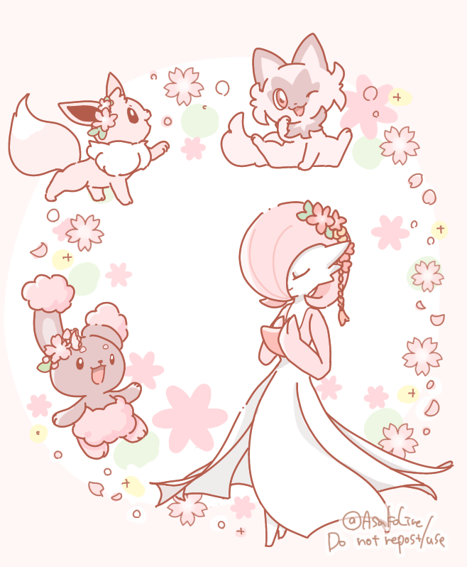 gardevoir, eevee, sprigatito, and buneary (pokemon) drawn by asakoline