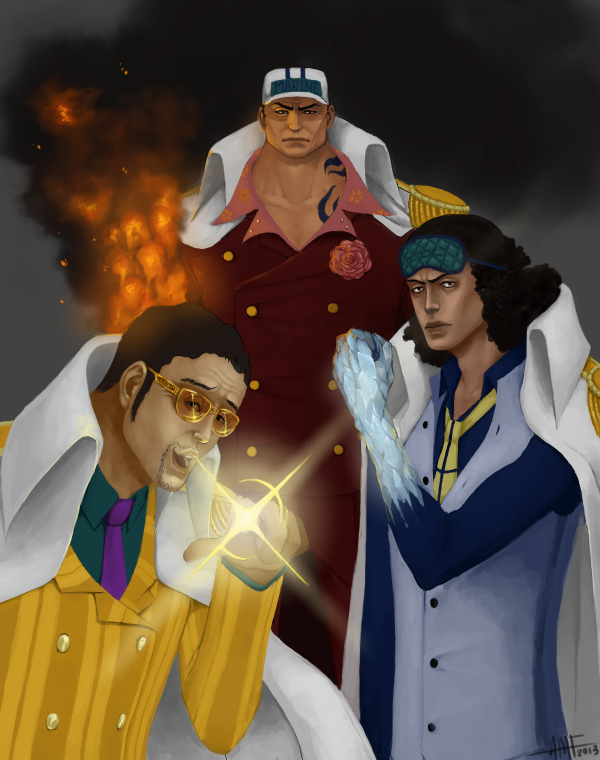 kizaru, aokiji, and sakazuki (one piece) drawn by vush