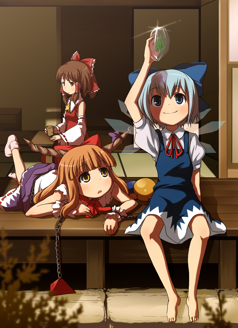 hakurei reimu, cirno, and ibuki suika (touhou) drawn by mishima_hiroji