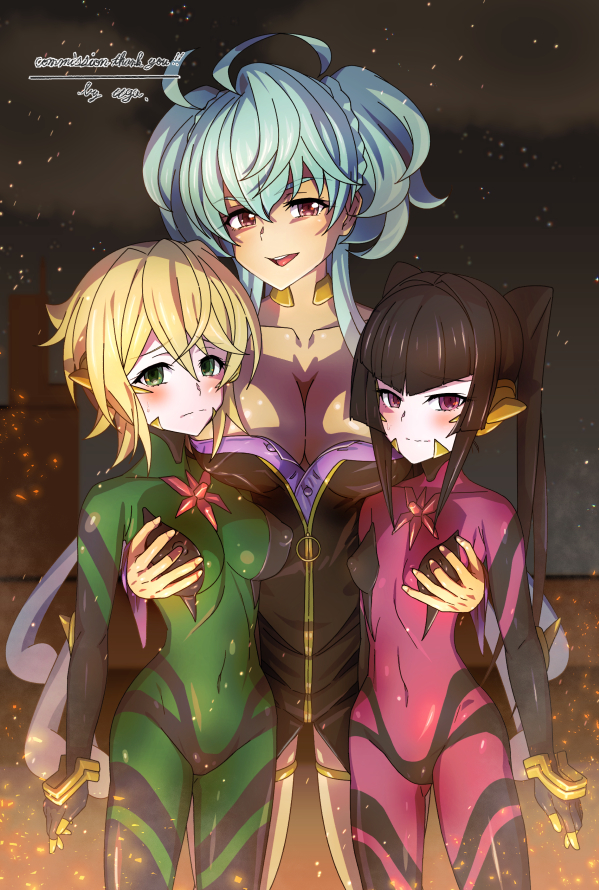 akatsuki kirika, tsukuyomi shirabe, cagliostro, and prelati (senki zesshou symphogear) drawn by uganda_(ugandam_00)