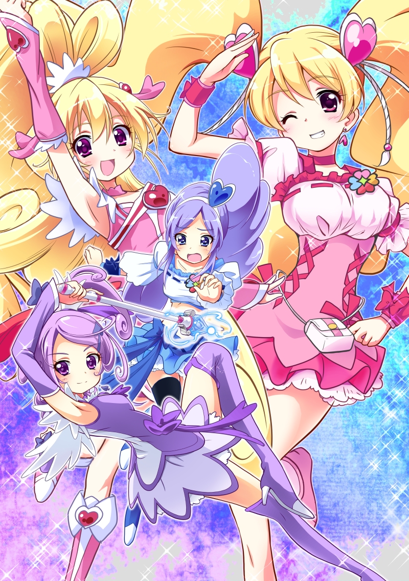 aida mana, kenzaki makoto, momozono love, cure peach, cure heart, and 3 more (precure and 2 more) drawn by teio_(teiotei)