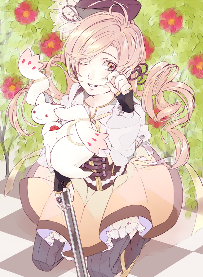 tomoe mami and kyubey (mahou shoujo madoka magica) drawn by saki_hajime