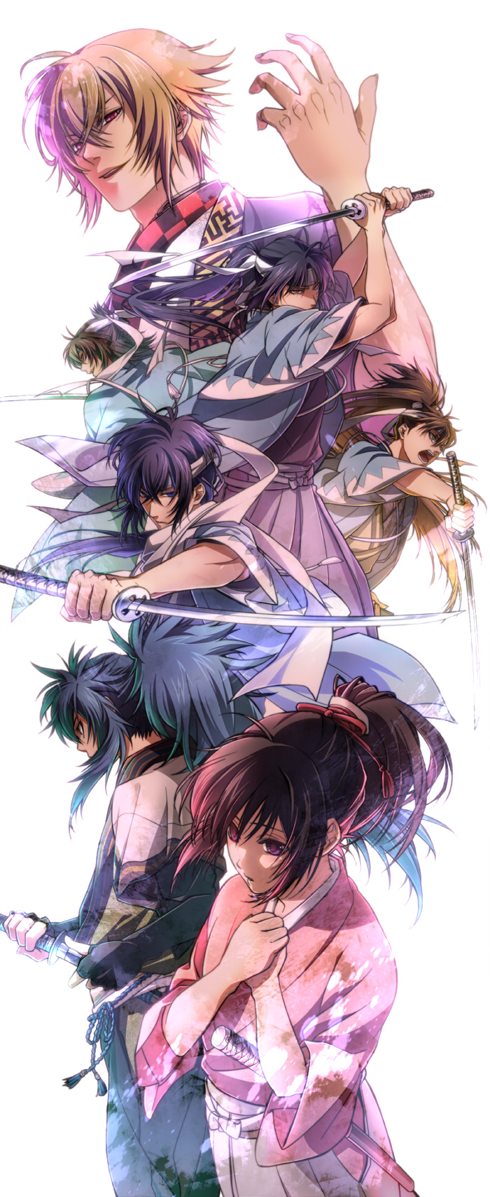 yukimura chizuru, saitou hajime, okita souji, hijikata toshizou, chikage kazama, and 2 more (hakuouki shinsengumi kitan) drawn by mocchiri_oyaji