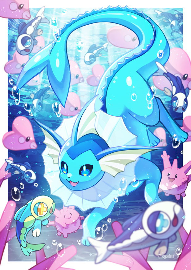 vaporeon, luvdisc, wishiwashi, and corsola (pokemon) drawn by shakushaku_(nikutama)
