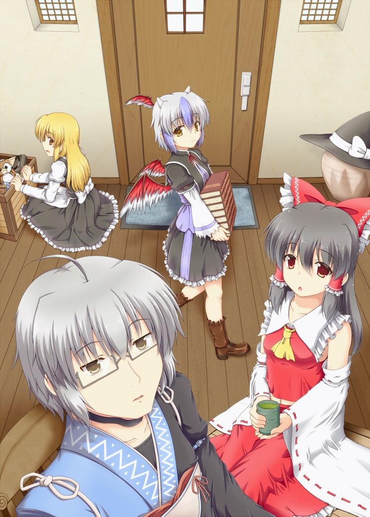 hakurei reimu, kirisame marisa, morichika rinnosuke, tokiko, and gizmo (touhou and 1 more) drawn by yuu_hitoshi