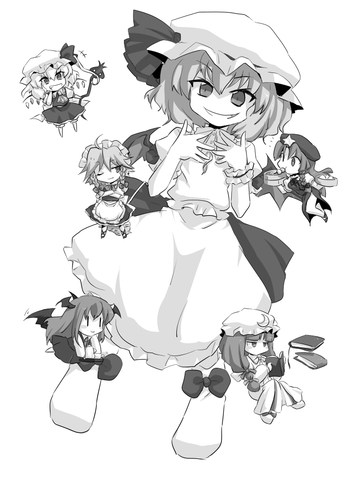 remilia scarlet, flandre scarlet, izayoi sakuya, patchouli knowledge, hong meiling, and 1 more (touhou) drawn by niji_(nijioki)