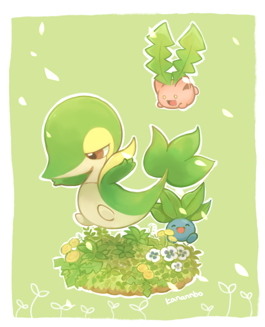 snivy, oddish, and hoppip (pokemon) drawn by konanbo