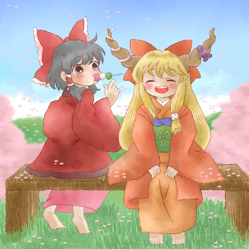 hakurei reimu and ibuki suika (touhou) drawn by mo-musu
