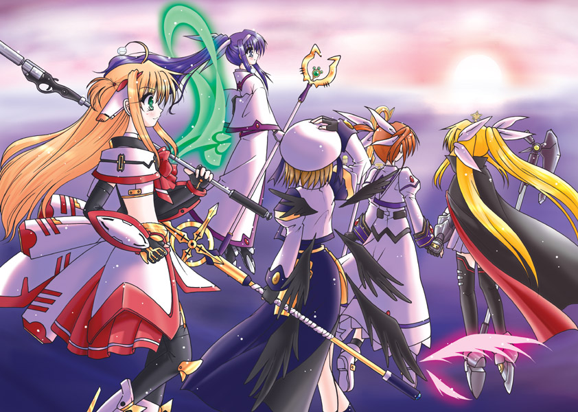 fate testarossa, takamachi nanoha, yagami hayate, raising heart, schwertkreuz, and 3 more (lyrical nanoha and 2 more) drawn by oseenkoris
